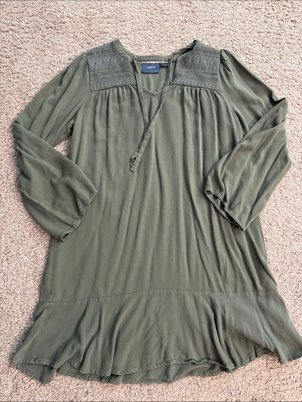 Anthropologie Maeve Olive Green Smocked Yoke Tie-Neck Tunic